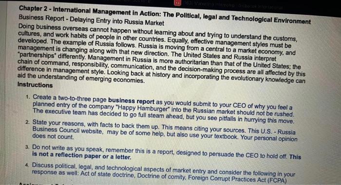 Chapter 2 International Management In Action The Political Legal And Technological Environment Business Report Del 1