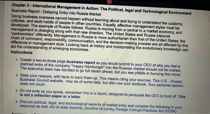 Chapter 2 International Management In Action The Political Legal And Technological Environment Business Report Del 1