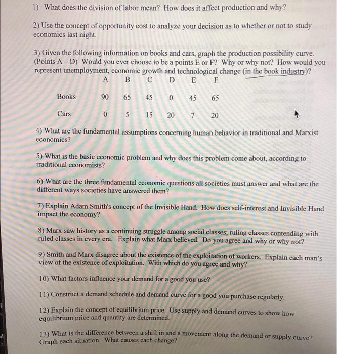 1 What Does The Division Of Labor Mean How Does It Affect Production And Why 2 Use The Concept Of Opportunity Cost T 1