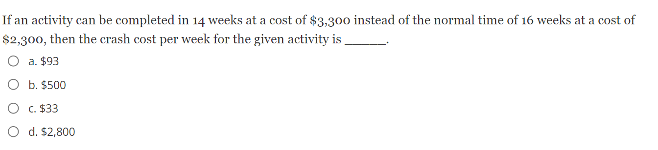 If An Activity Can Be Completed In 14 Weeks At A Cost Of 3 300 Instead Of The Normal Time Of 16 Weeks At A Cost Of 2 3 1