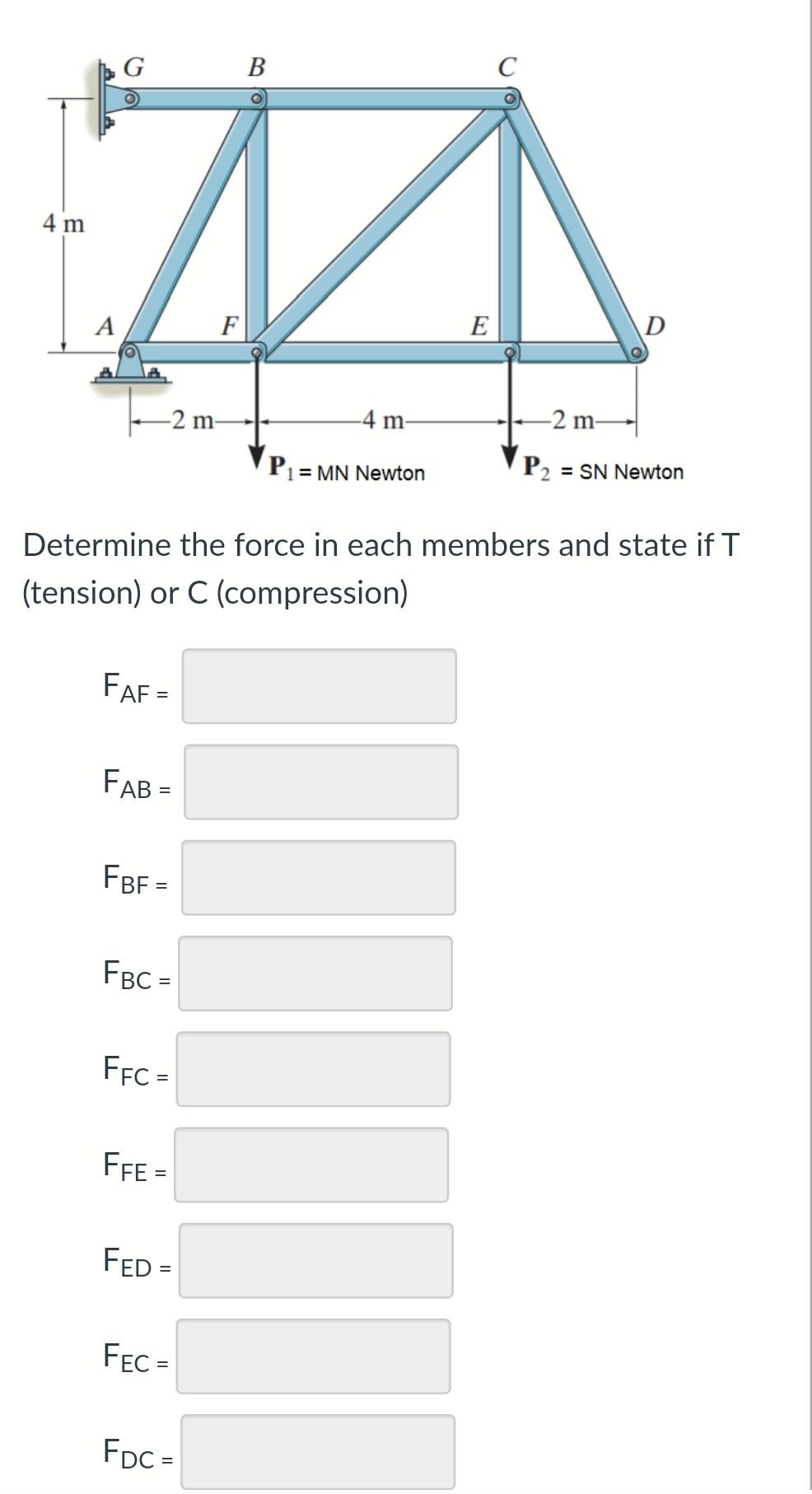 G B C 4 M A F E D 2 M 4 M 2 M 1 Mn Newton P2 Sn Newton Determine The Force In Each Members And State If I Tension 1