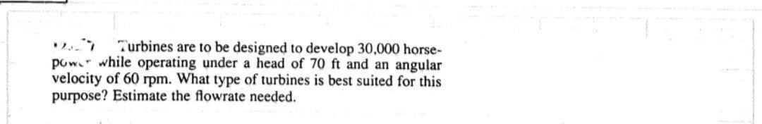 Turbines Are To Be Designed To Develop 30 000 Horse Pow While Operating Under A Head Of 70 Ft And An Angular Velocity 1