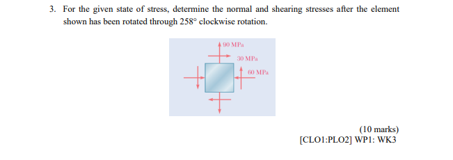 3 For The Given State Of Stress Determine The Normal And Shearing Stresses After The Element Shown Has Been Rotated Th 1