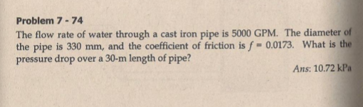 Problem 7 74 The Flow Rate Of Water Through A Cast Iron Pipe Is 5000 Gpm The Diameter Of The Pipe Is 330 Mm And The 1