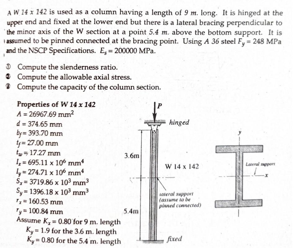 A W 14 X 142 Is Used As A Column Having A Length Of 9 M Long It Is Hinged At The Upper End And Fixed At The Lower End 1