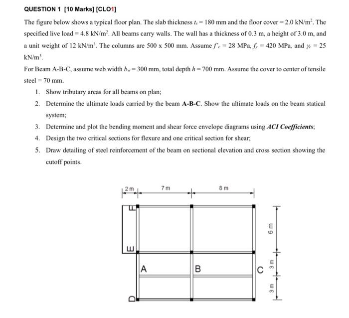 Question 1 10 Marks Cl01 The Figure Below Shows A Typical Floor Plan The Slab Thickness T 180 Mm And The Floor C 2