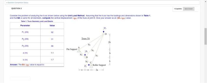 Question Spins Consider The Problem Of Wyzing The Truss Shown Below Using The Unit Load Method Assuming That The Truss 1