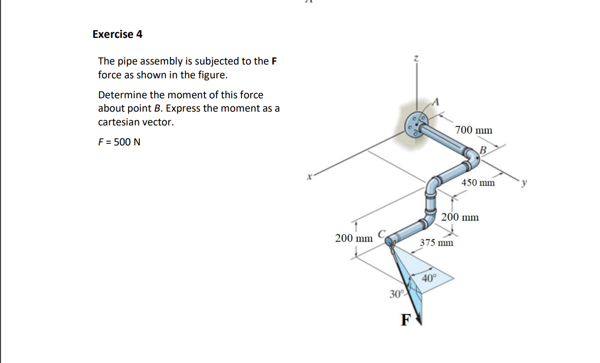 Exercise 4 The Pipe Assembly Is Subjected To The F Force As Shown In The Figure Determine The Moment Of This Force Abou 1