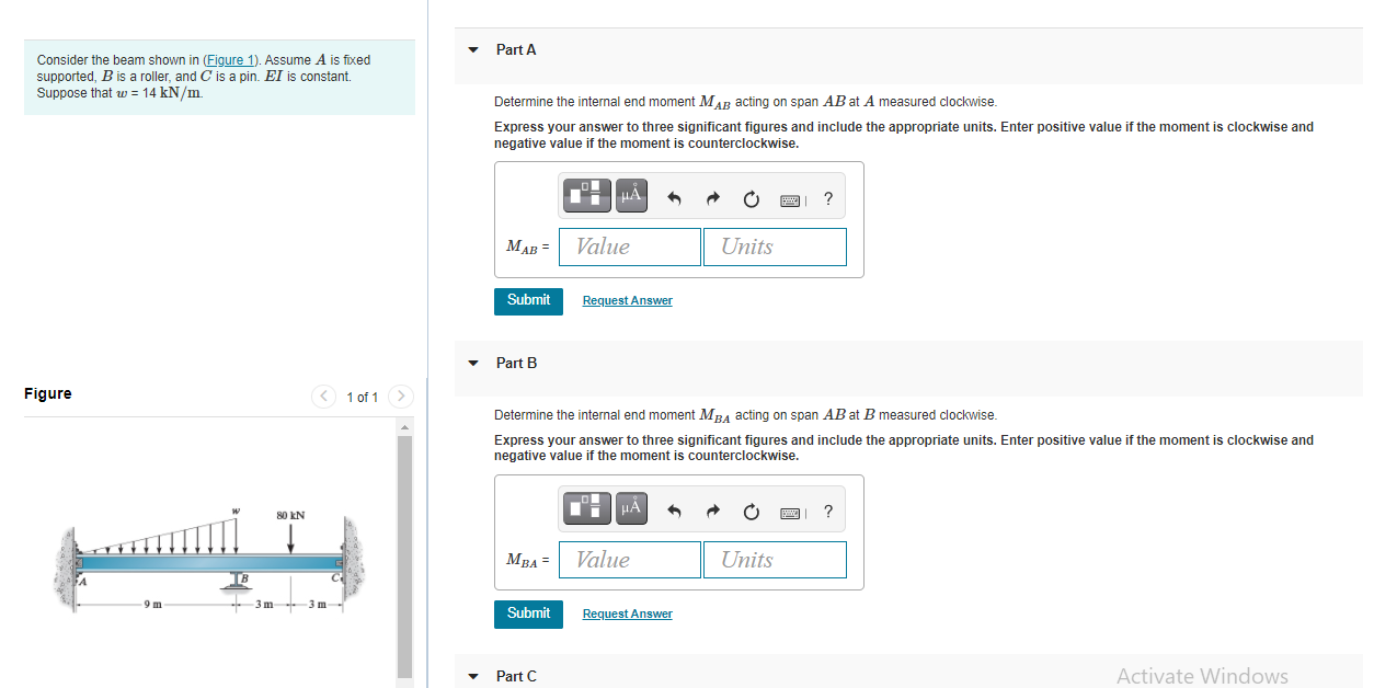 Part A Consider The Beam Shown In Figure 1 Assume A Is Fixed Supported B Is A Roller And C Is A Pin El Is Constant 1