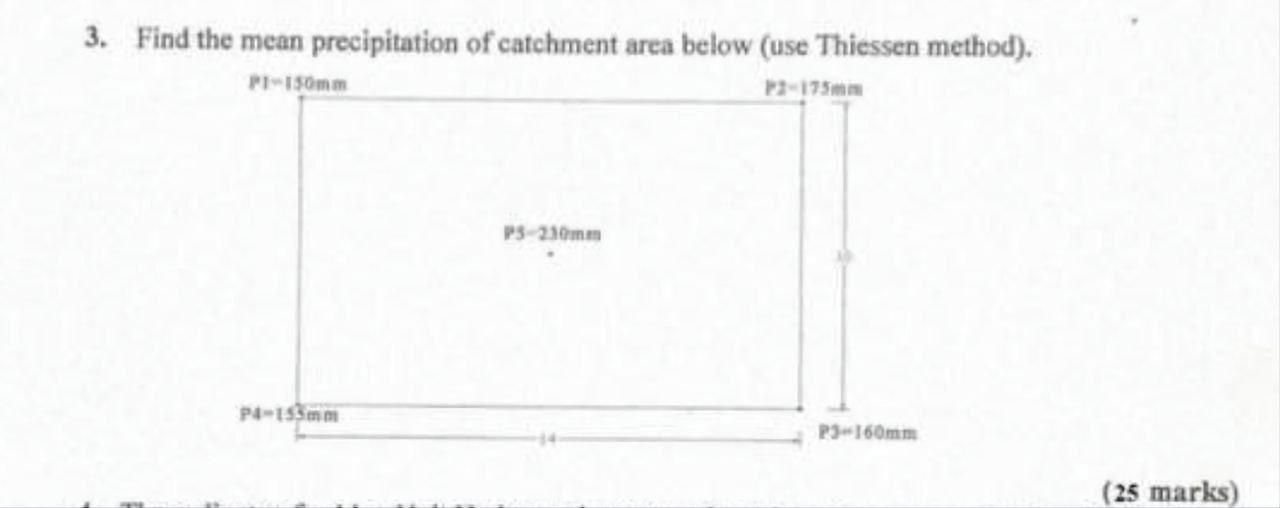 3 Find The Mean Precipitation Of Catchment Area Below Use Thiessen Method Pf 150mm 12 175mm P3 210mm Pa153 Mm P3 160 1