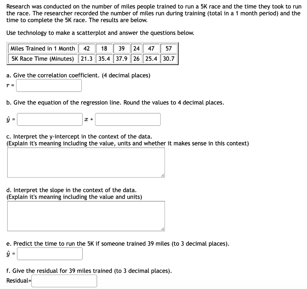 Research Was Conducted On The Number Of Miles People Trained To Run A 5k Race And The Time They Took To Run The Race Th 1