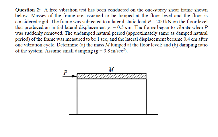 Question 2 A Free Vibration Test Has Been Conducted On The One Storey Shear Frame Shown Below Masses Of The Frame Are 1