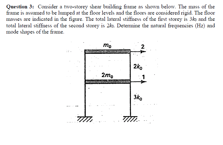 Question 3 Consider A Two Storey Shear Building Frame As Shown Below The Mass Of The Frame Is Assumed To Be Lumped At 1