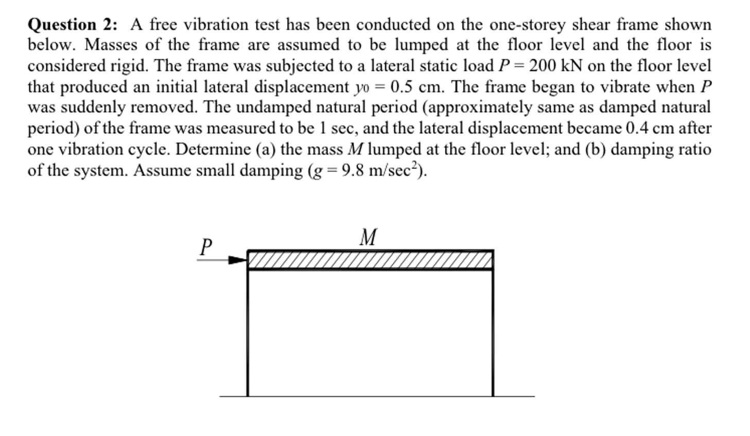 A Question 2 A Free Vibration Test Has Been Conducted On The One Storey Shear Frame Shown Below Masses Of The Frame Ar 1