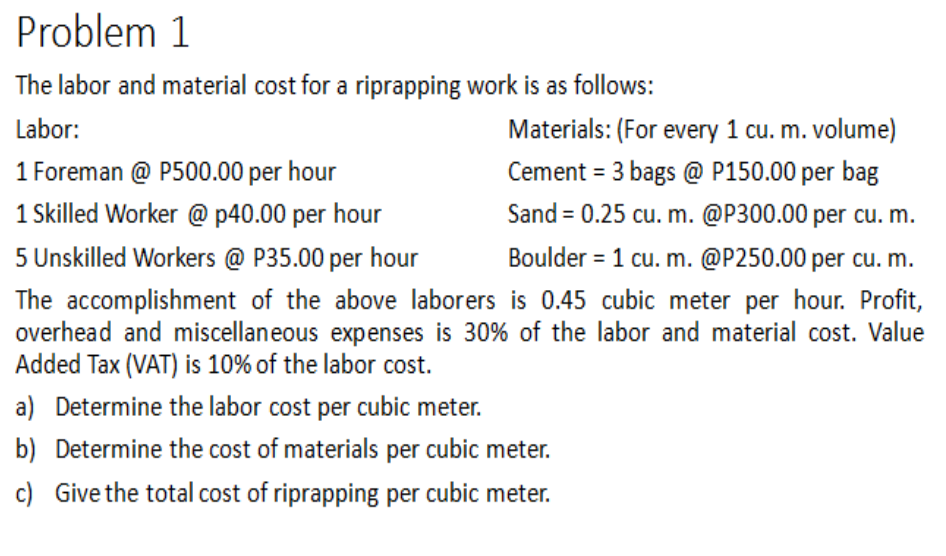 Problem 1 The Labor And Material Cost For A Riprapping Work Is As Follows Labor Materials For Every 1 Cu M Volume 1