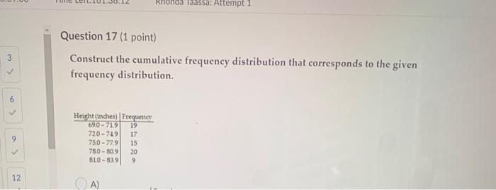 Rhonda Laassa Attempt 1 3 Question 17 1 Point Construct The Cumulative Frequency Distribution That Corresponds To The 1