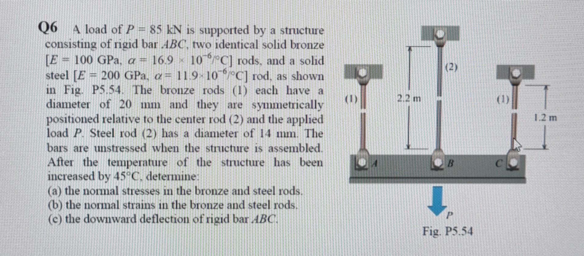 2 2 2 M Q6 A Load Of P 85 Kn Is Supported By A Structure Consisting Of Rigid Bar Abc Two Identical Solid Bronze E 1
