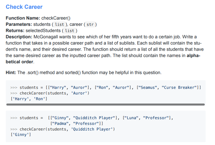 Check Career Function Name Checkcareer Parameters Students List Career Str Returns Selectedstudents List D 1