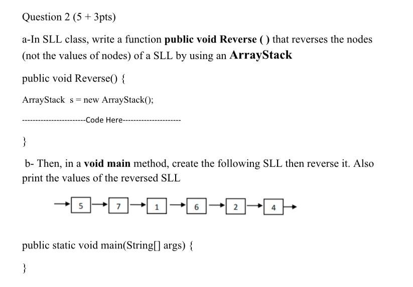 Question 2 5 3pts A In Sll Class Write A Function Public Void Reverse That Reverses The Nodes Not The Values Of 1