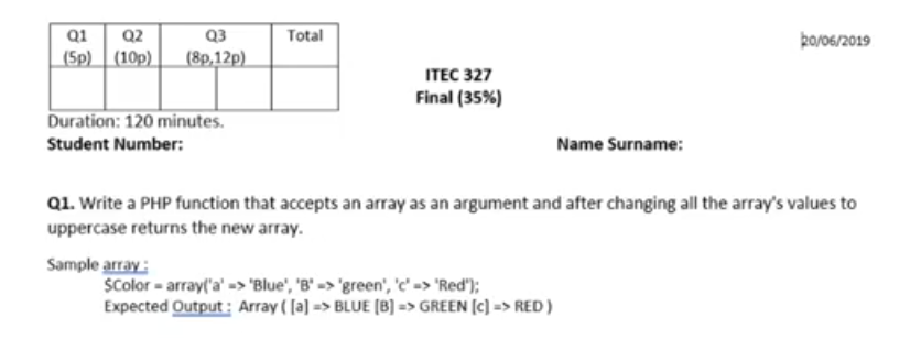 Total Q1 Q2 5p 10p Q3 8p 12p 20 06 2019 Itec 327 Final 35 Duration 120 Minutes Student Number Name Surname 1