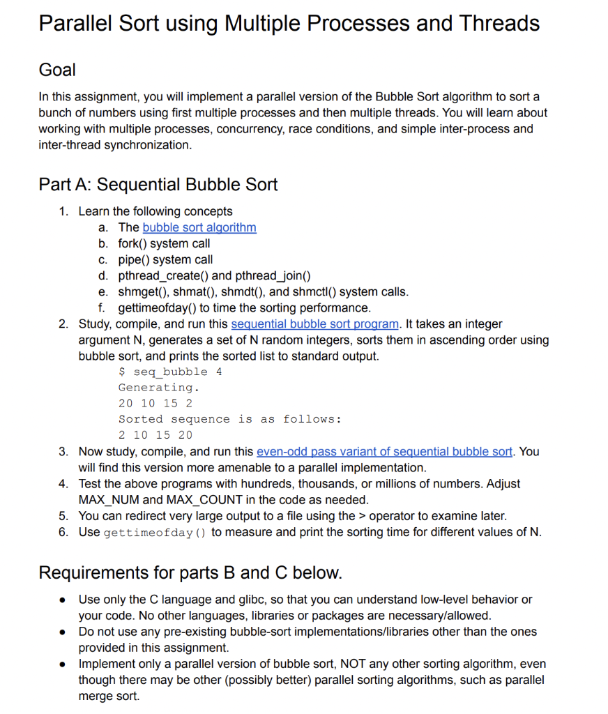 Parallel Sort Using Multiple Processes And Threads Goal In This Assignment You Will Implement A Parallel Version Of The 1