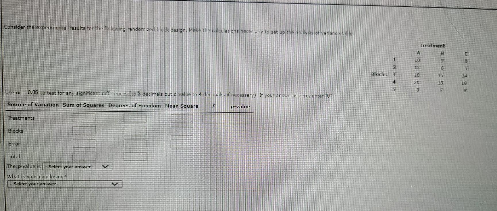 Consider The Experimental Results For The Following Randomized Block Design Make The Calculations Necessary To Set Up T 1