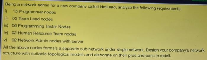 Being A Network Admin For A New Company Called Netlead Analyze The Following Requirements 0 15 Programmer Nodes Ii 0 1