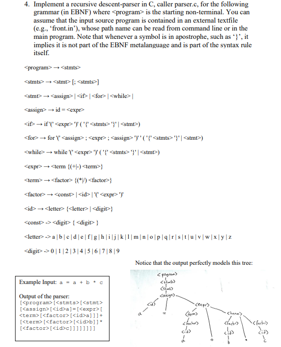 4 Implement A Recursive Descent Parser In C Caller Parser C For The Following Grammar In Ebnf Where Program Is Th 1