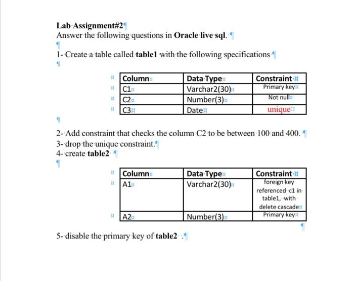 Lab Assignment 2 Answer The Following Questions In Oracle Live Sql 1 Create A Table Called Tablel With The Following S 1