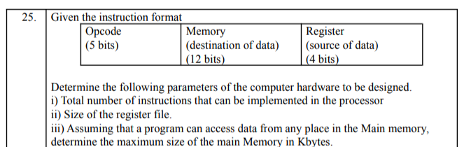 25 Given The Instruction Format Opcode Memory 5 Bits Destination Of Data 12 Bits Register Source Of Data 4 Bit 1