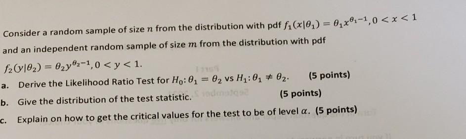 Consider A Random Sample Of Size N From The Distribution With Pdf F1 X 0 02x0 1 0 1