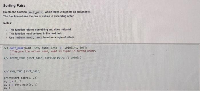Sorting Pairs Create The Function Sort Pair Which Takes 2 Integers As Arguments The Function Returns The Pair Of Value 1