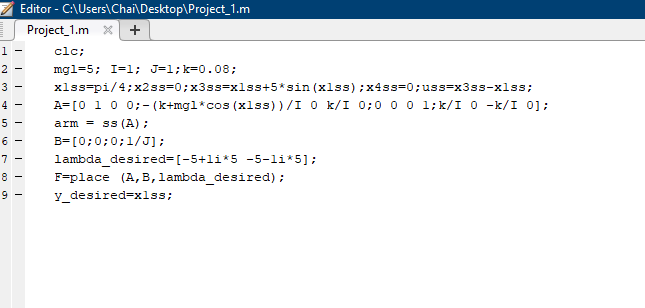 W Editor C Users Chai Desktop Project 1 M Project 1 M 1 Clc 2 Mgl 5 I 1 J 1 K 0 08 3 Xlss Pi 4 X233 0 X3ss 1