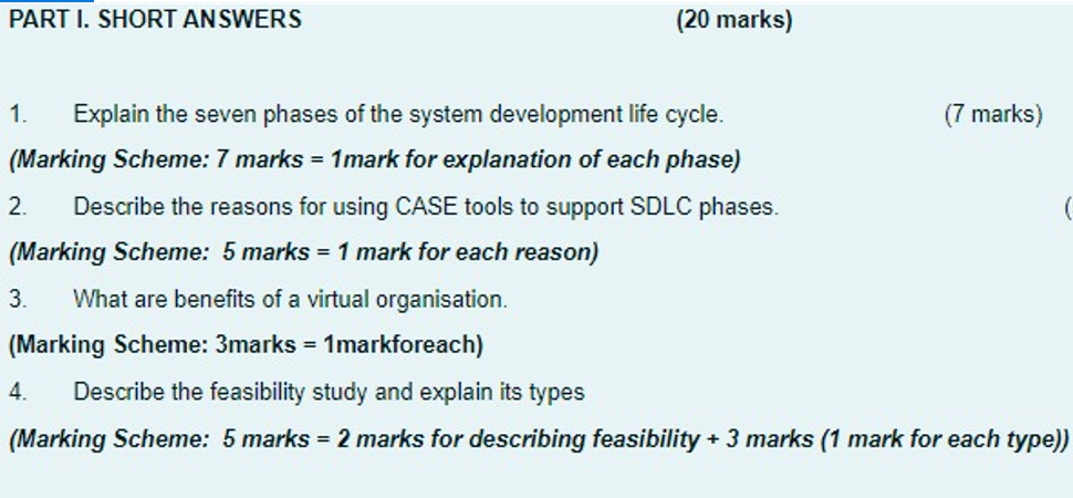 Part I Short Answers 20 Marks 1 Explain The Seven Phases Of The System Development Life Cycle 7 Marks Marking Sc 1