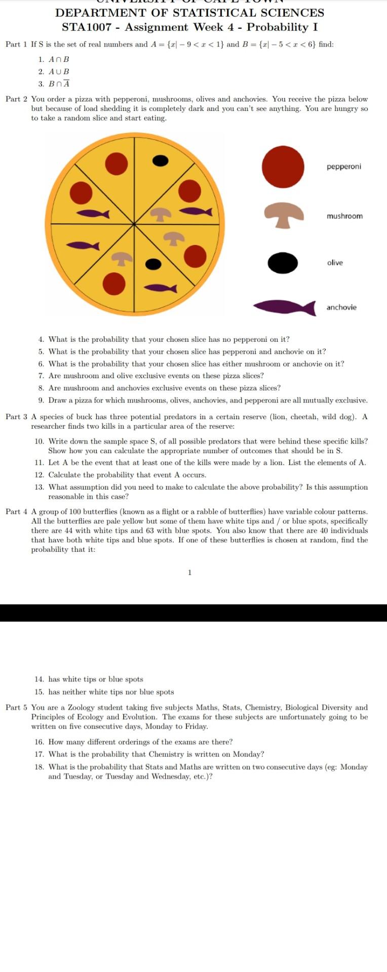 Department Of Statistical Sciences Sta1007 Assignment Week 4 Probability I Part 1 If S Is The Set Of Real Numbers An 1