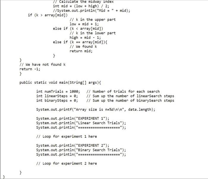 Step 1 Modify Linearsearch And Binarysearch Methods To Return An Array Containing Key Index And Number Steps Taken In S 5
