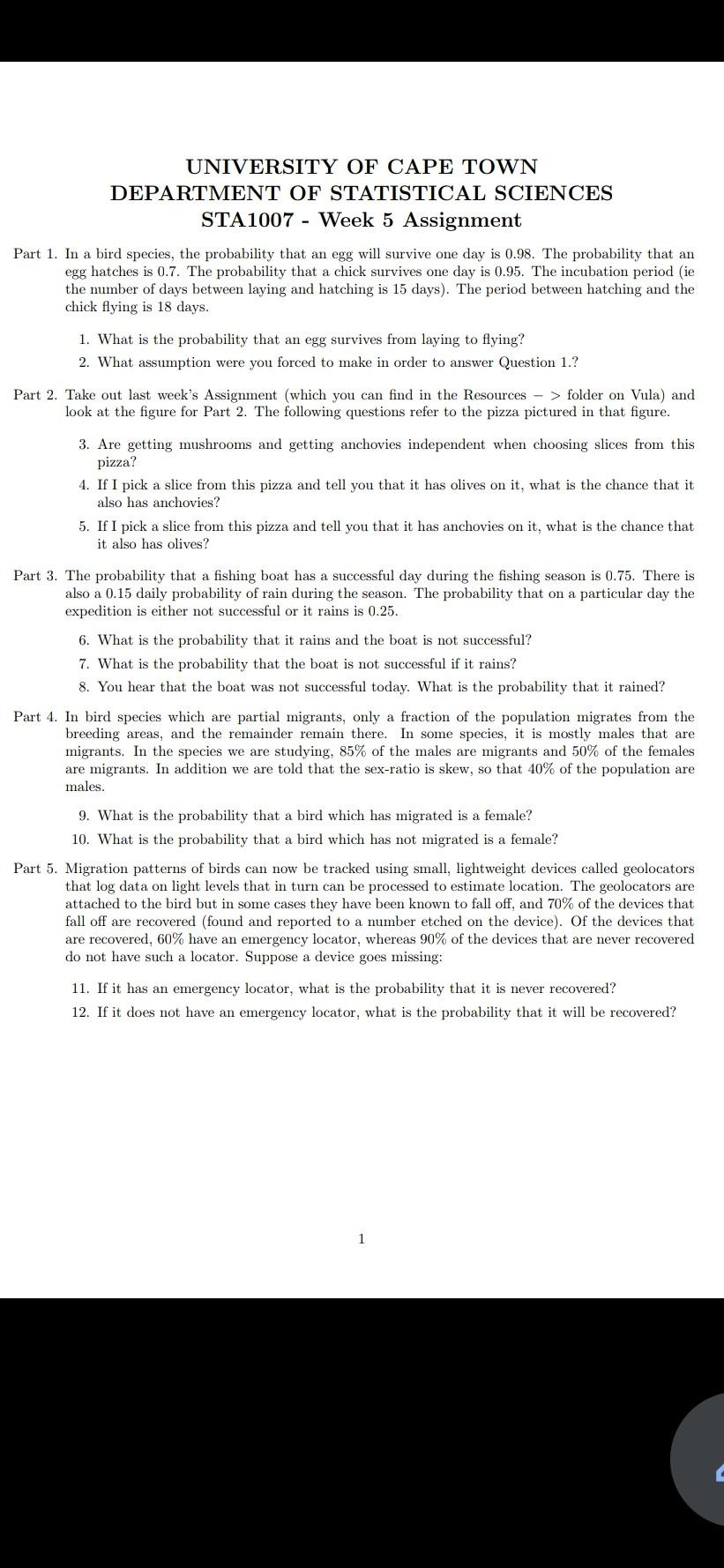 Department Of Statistical Sciences Sta1007 Assignment Week 4 Probability I Part 1 If S Is The Set Of Real Numbers An 2