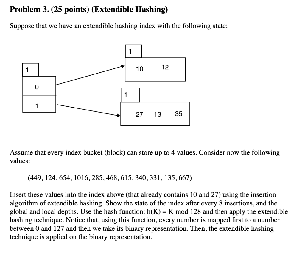 Problem 3 25 Points Extendible Hashing Suppose That We Have An Extendible Hashing Index With The Following State 1 1