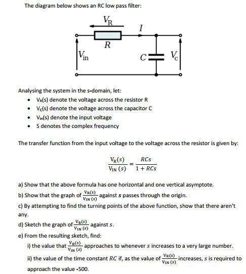 The Diagram Below Shows An Rc Low Pass Filter Vr I R Vin C Vcl Analysing The System In The S Domain Let Vr S Deno 1