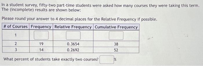 In A Student Survey Fifty Two Part Time Students Were Asked How Many Courses They Were Taking This Term The Incomplet 1
