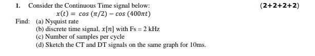1 2 2 2 2 Consider The Continuous Time Signal Below X T Cos 1 2 Cos 400 Find A Nyquist Rate B Discrete 1