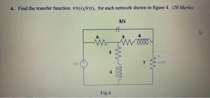 4 Find The Transfer Function Vo S V T For Each Network Shown In Figure 4 20 Marks 3 S He W Iwooo W W 0000 7 Fig 1