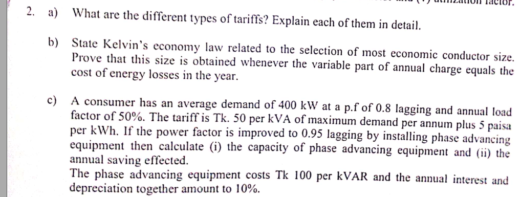 2 A What Are The Different Types Of Tariffs Explain Each Of Them In Detail B State Kelvin S Economy Law Related To 1