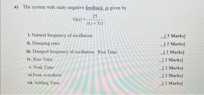 A The System With Unity Negative Feedback Is Given By 25 G S S S 5 I Natural Frequency Of Oscillation Ii Damping Ra 2