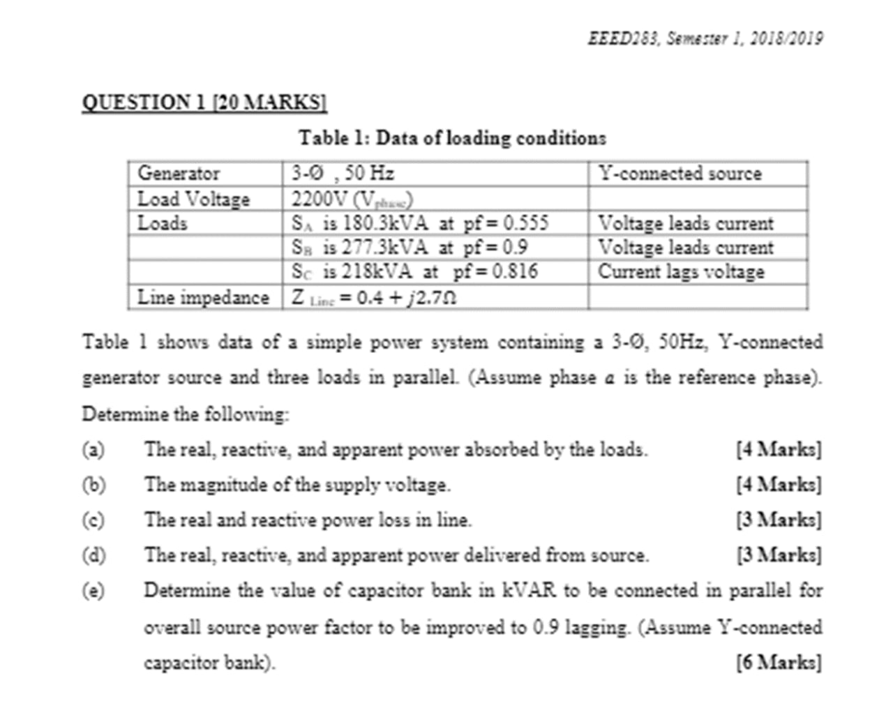 Eeed283 Semester 2 2018 2019 Question 1 20 Marksi Table 1 Data Of Loading Conditions Generator 3 0 50 Hz Y Connect 1