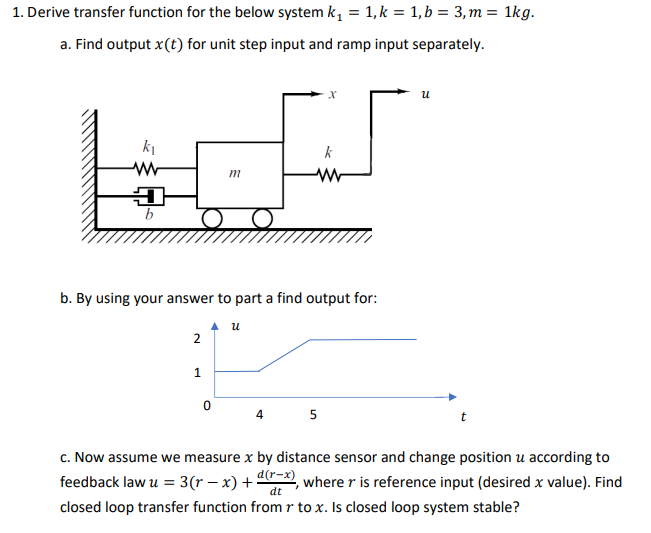 1 Derive Transfer Function For The Below System K 1 K 1 B 3 M 1kg A Find Output X T For Unit Step Inpu 1