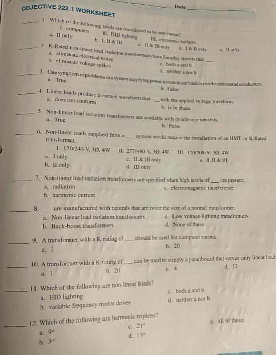 Date Objective 222 1 Worksheet 1 Which Of The Following Loads Are Considered To Be On Linear L Computers Il Hid Lighti 1