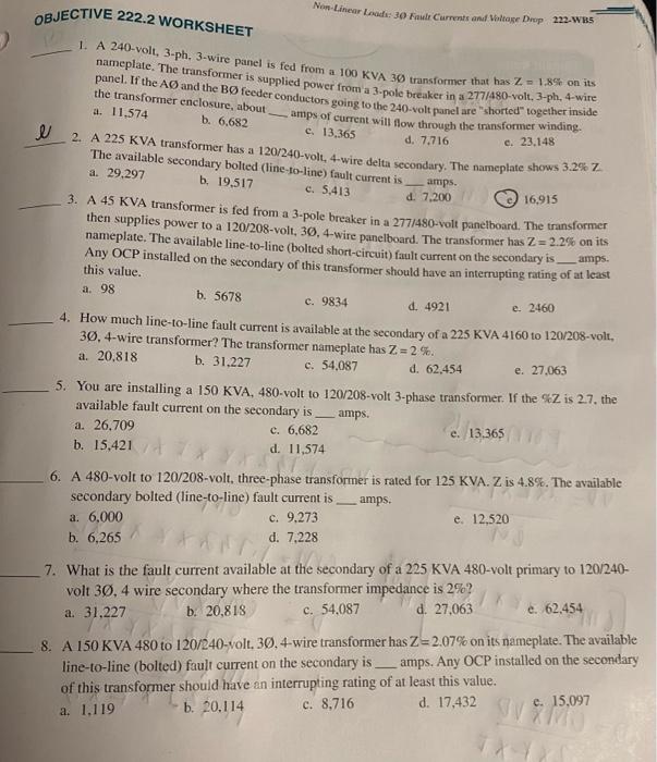 Objective 222 2 Worksheet Non Linear Lad 30 Ft Currents And Wolage Drop 222 Wb5 2 1 A 240 Volt 3 Ph 3 Wire Panel Is F 1