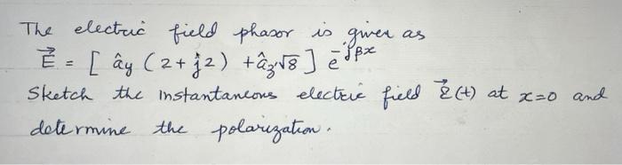 The Electric Field Phasor Is Given As Ay 2 32 Tagte E Pe Sketch The Instantaneous Electric Field T At X 0 A 1