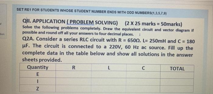 Set Re1 For Students Whose Student Number Ends With Odd Numbers 1 3 5 7 9 Tion Qii Application Problem Solving 2 1